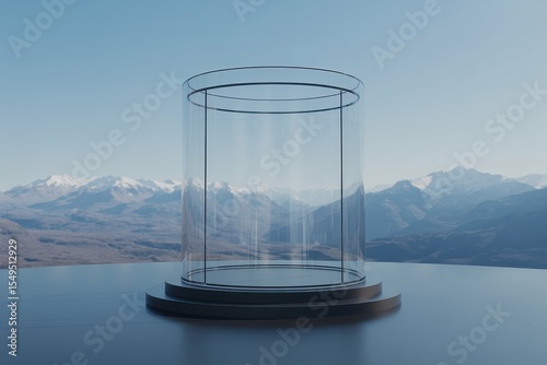 3d clear glass podium on stage with snow capped mountains in background for product display mockup and elegant showcase