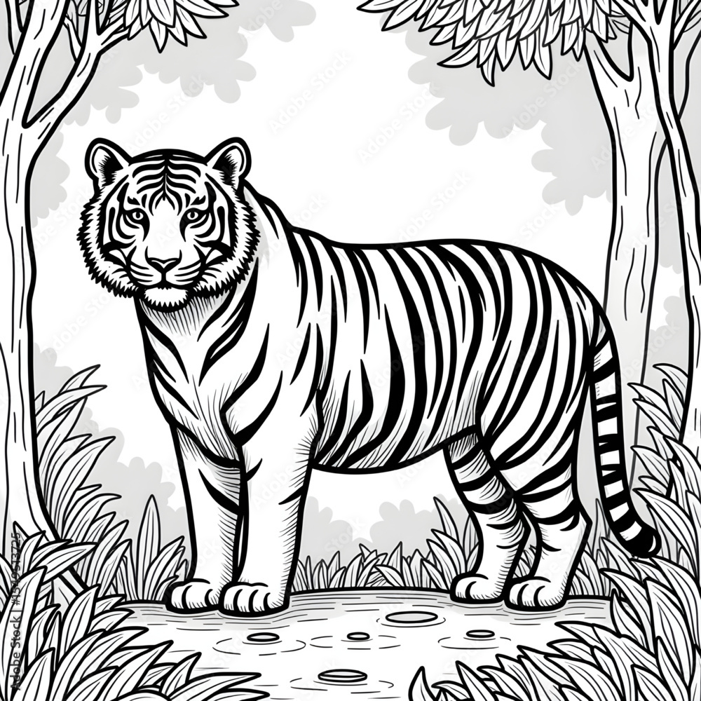 Naklejka premium tiger on a forest white background coloring page line art