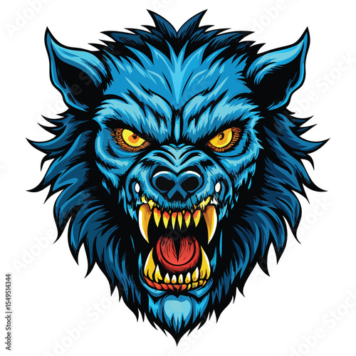 Angry Blue Werewolf Head Vector Illustration for Mascot Design

