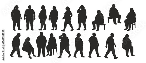 Silhouettes of various poses and activities featuring overweight individuals, showcasing diverse body shapes in different stances