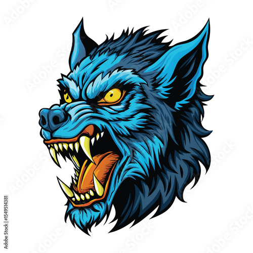 Angry Blue Werewolf Head Vector Illustration for Mascot Design

