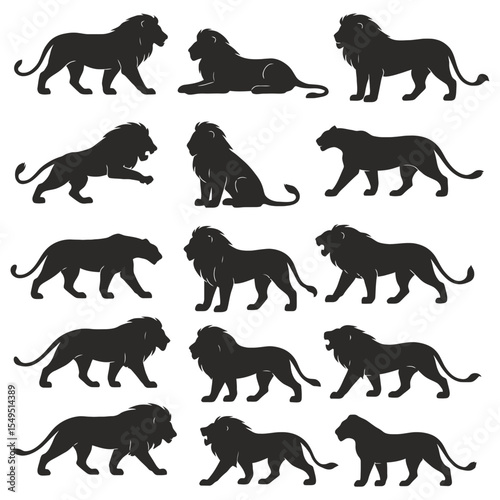 Set of lion silhouettes in various poses and stances, showcasing the majestic animal in different angles and postures