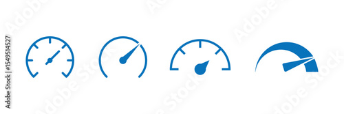 Speedometer icons set. Speedometer Blue icons set. Speed indicators with arrows. Fast speed. Credit score indicator. Risk levels meter icon. Vector Illustration.