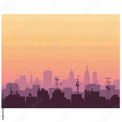 Urban Sunset Skyline with Rooftops, Flat Illustration