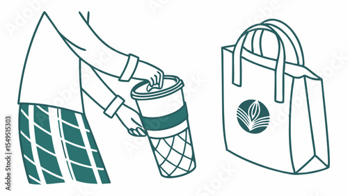 Person Disposing of Disposable Coffee Cup into Reusable Shopping Bag.