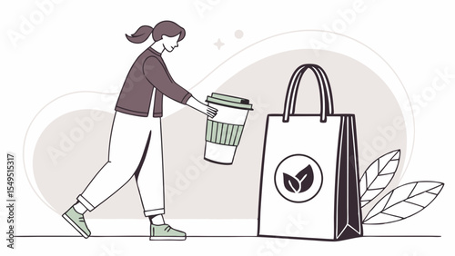 Woman Disposing of Coffee Cup into EcoFriendly Bag.
