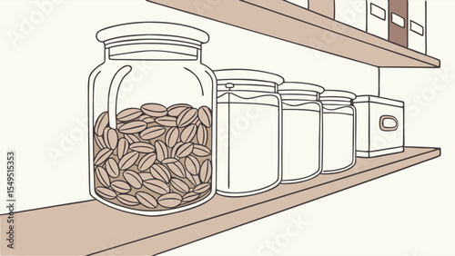 Jars on a Shelf One Filled with Coffee Beans.