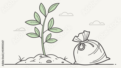 Illustrated Plant Growing Beside a Money Bag Concept.