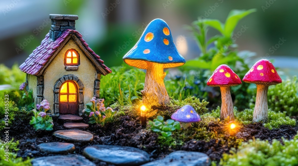 Fototapeta premium Miniature fairy houses and mushrooms in a garden scene