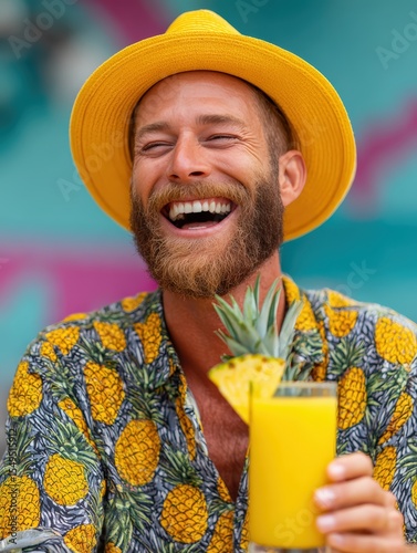 Happy Person in Yellow Sun Hat and Sunglasses with Pineapples