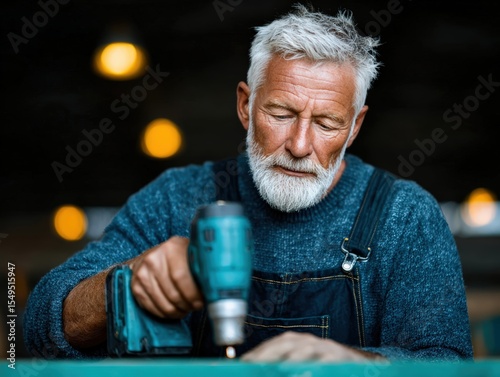 Tradesman with Handheld Power Drill and Pneumatic Tool in Denim Overall