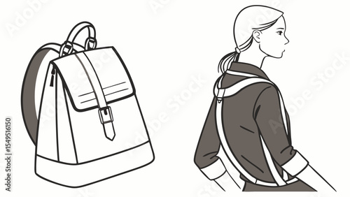 Stylish Leather Backpack Design with Womans Profile Illustration.