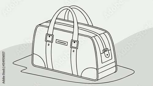 Outline illustration of a duffel bag with straps and handles.