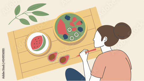 Woman eating fruit salad and watermelon with chopsticks on wooden tray.