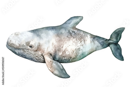 Whale watercolor vector illustration, underwater ocean animal art isolated on white background