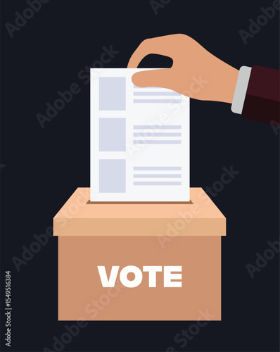 Illustration of a hand inserting a paper ballot into a voting box, ideal for election, voting awareness, democracy, and civic education projects.