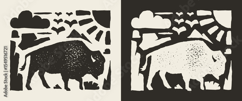 Vintage bison silhouette landscape with rustic scenery and bold western style for retro print design.