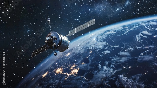Sleek High-Tech Artificial Satellite Orbiting Earth Amid Twinkling Stars