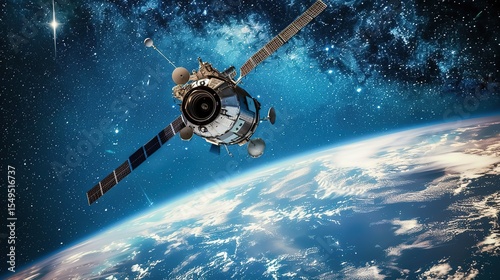 Sleek High-Tech Artificial Satellite Orbiting Earth Amid Twinkling Stars