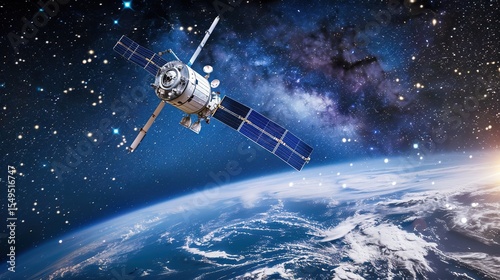 Sleek High-Tech Artificial Satellite Orbiting Earth Amid Twinkling Stars