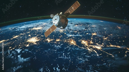 Sleek High-Tech Artificial Satellite Orbiting Earth Amid Twinkling Stars