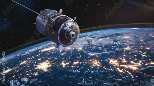 Sleek High-Tech Artificial Satellite Orbiting Earth Amid Twinkling Stars