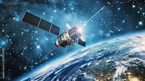 Sleek High-Tech Artificial Satellite Orbiting Earth Amid Twinkling Stars