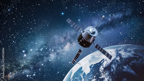 Sleek High-Tech Artificial Satellite Orbiting Earth Amid Twinkling Stars