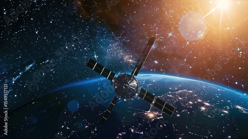 Sleek High-Tech Artificial Satellite Orbiting Earth Amid Twinkling Stars