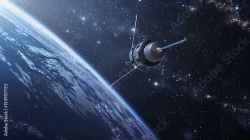 Sleek High-Tech Artificial Satellite Orbiting Earth Amid Twinkling Stars