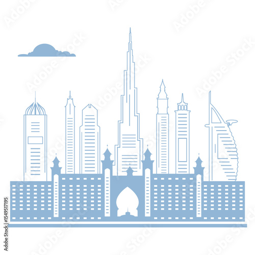 United Arab Emirates skyscrapers silhouette. Dubai buildings, hotels and symbol vector illustration. Dubai city skyline. Towers and landmarks cityscape. Camel. Design for banner, poster or print.