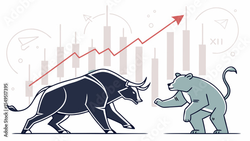 Bull and Bear Facing Off with Rising Stock Market Graph.