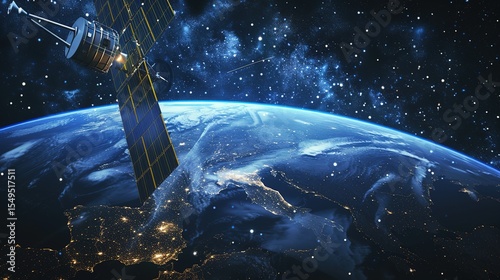 Sleek High-Tech Artificial Satellite Orbiting Earth Amid Twinkling Stars