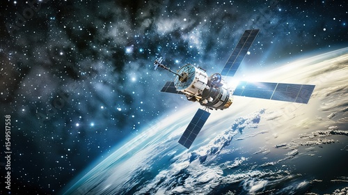 Sleek High-Tech Artificial Satellite Orbiting Earth Amid Twinkling Stars