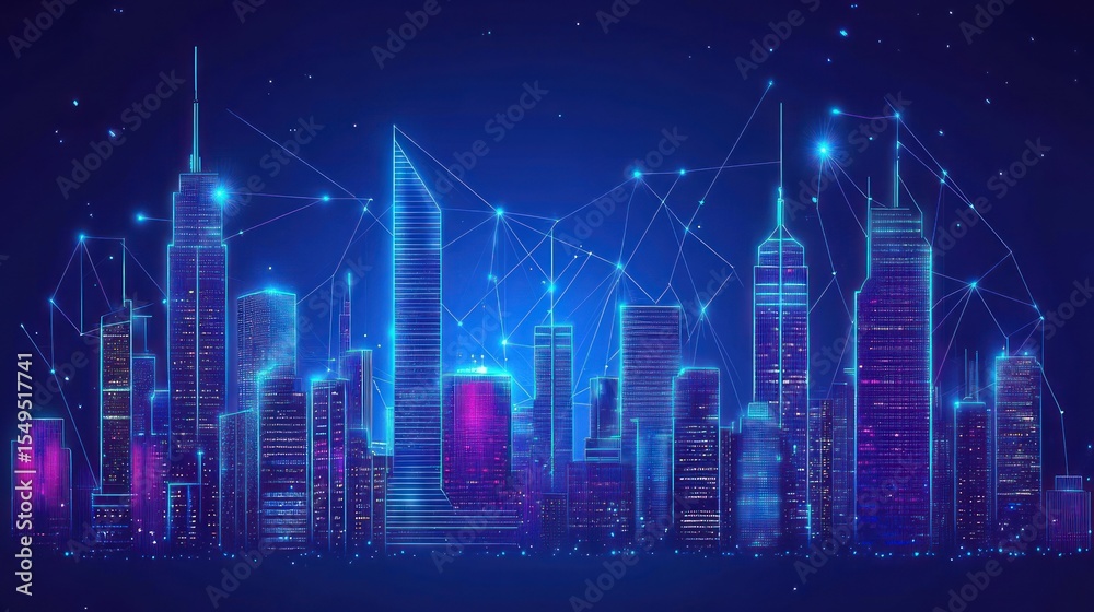 Naklejka premium Futuristic city skyline, glowing with interconnected lines