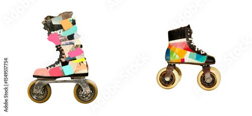 Two roller skates, patched vibrant colors, isolated, cut out transparent