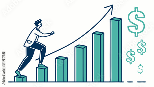 Businessman Climbing Ascending Bar Graph Towards Financial Success.