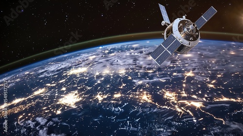 Sleek High-Tech Artificial Satellite Orbiting Earth Amid Twinkling Stars