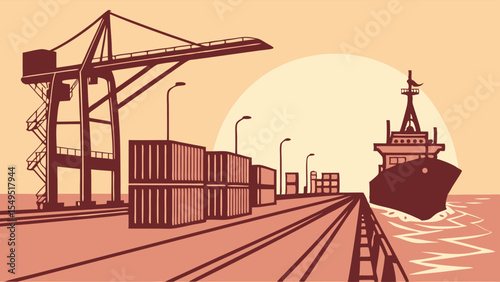 Cargo Ship Arriving at Port with Containers and Crane.