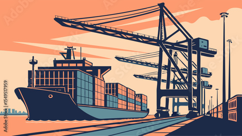 Cargo Ship and Port Cranes at Sunset.