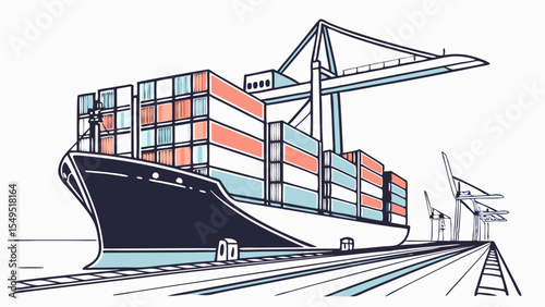 Cargo Ship with Containers and Cranes at Dock.