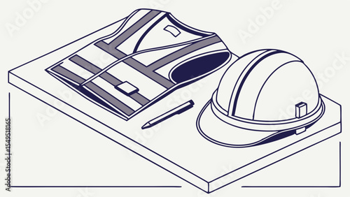 Construction safety gear Hard hat vest and pen on a surface.