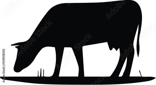 Black silhouette of a cow grazing isolated on transparent background