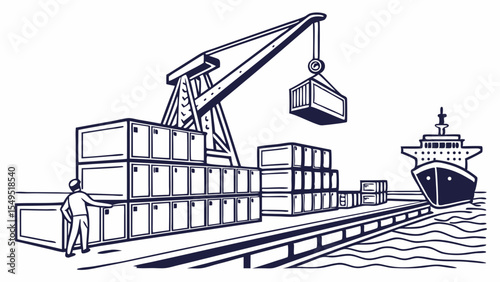 Dockside Scene Depicting Cargo Containers Crane and a Ship.