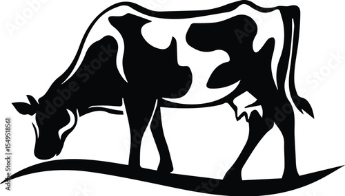 Black and white cow grazing isolated on transparent background
