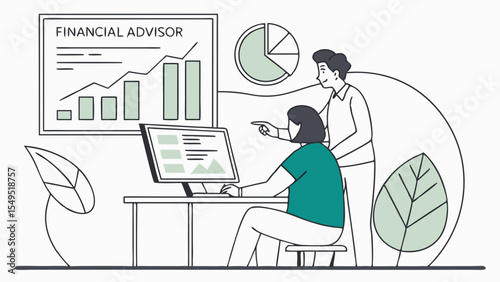 Financial advisor consulting with client about investment growth and data.