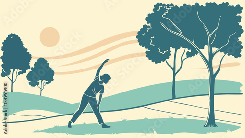 Woman Stretching Outdoors in a Stylized Landscape with Trees.