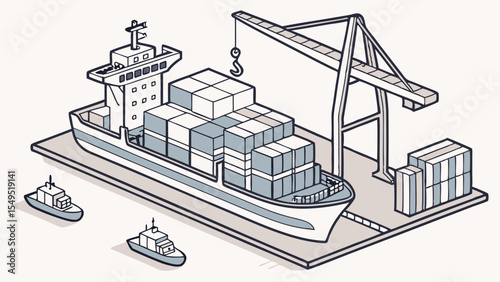 Isometric Illustration of a Cargo Ship at a Port with Crane.
