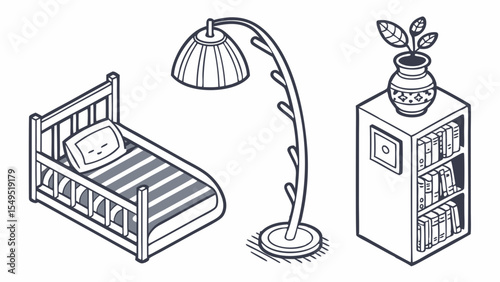 Isometric Illustration of Bedroom Furniture Bed Floor Lamp Bookshelf.