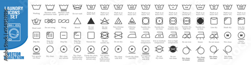 Laundry icons set, washing symbols, care labels and instructions, vector isolated on transparent background